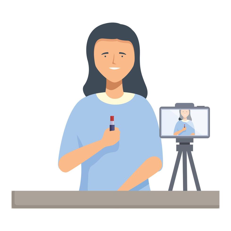 Female vlogger applies lipstick while recording a makeup tutorial for her beauty channel vector