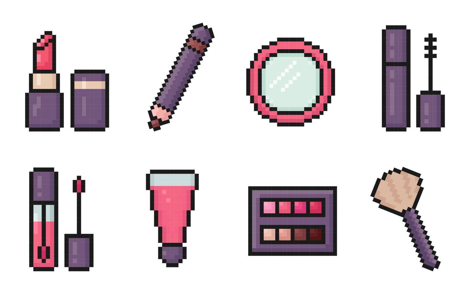 cosmetics pixel art icon set, girl accessories, 80s, 90s arcade game style, lipstick, eye pencil, mirror, mascara, lip balm, eyeshadow palette, brush, elements for game, app and more vector