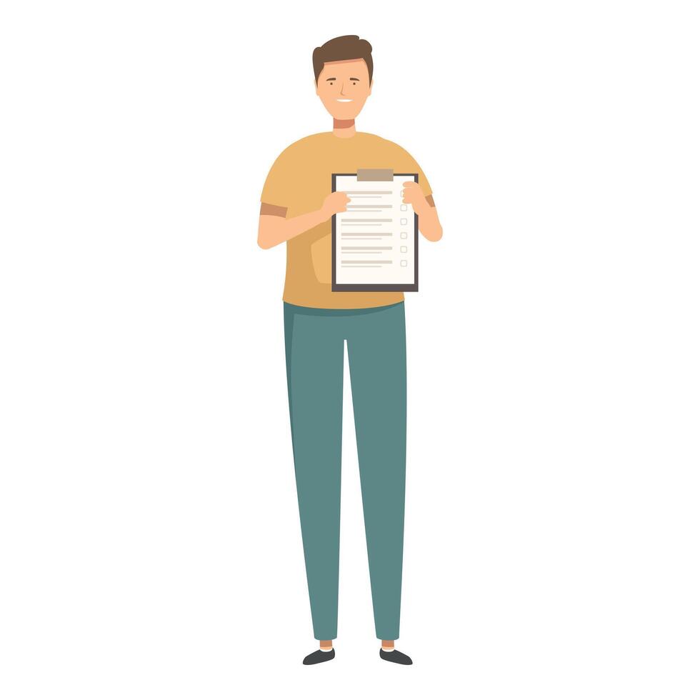 graphic of a young man presenting a long checklist on a clipboard vector
