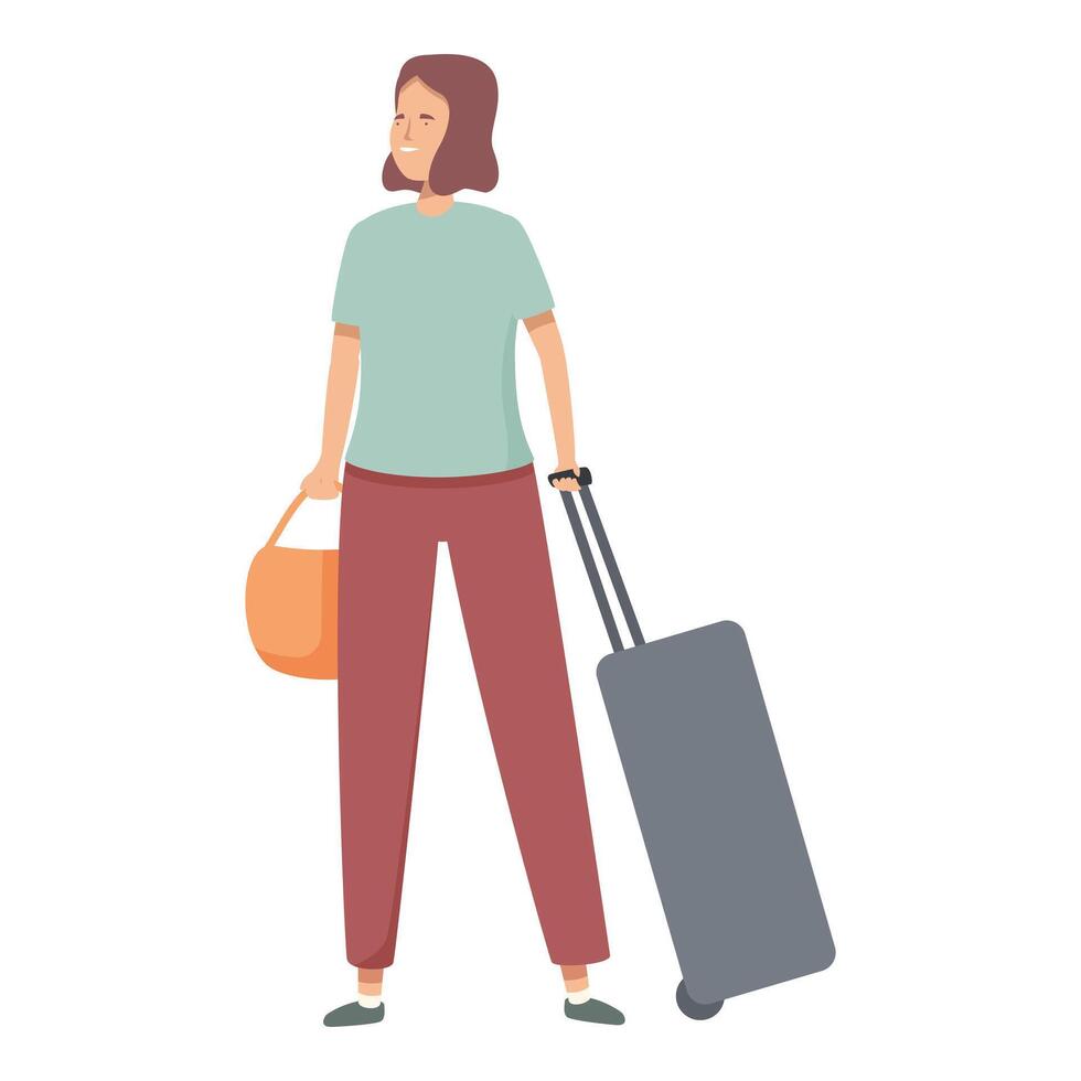 Woman ready for travel with suitcase and handbag vector