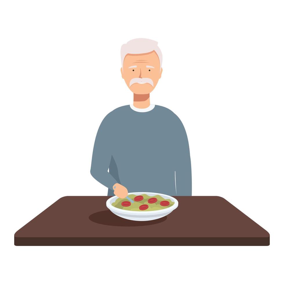 Elderly man with plate of food at table vector