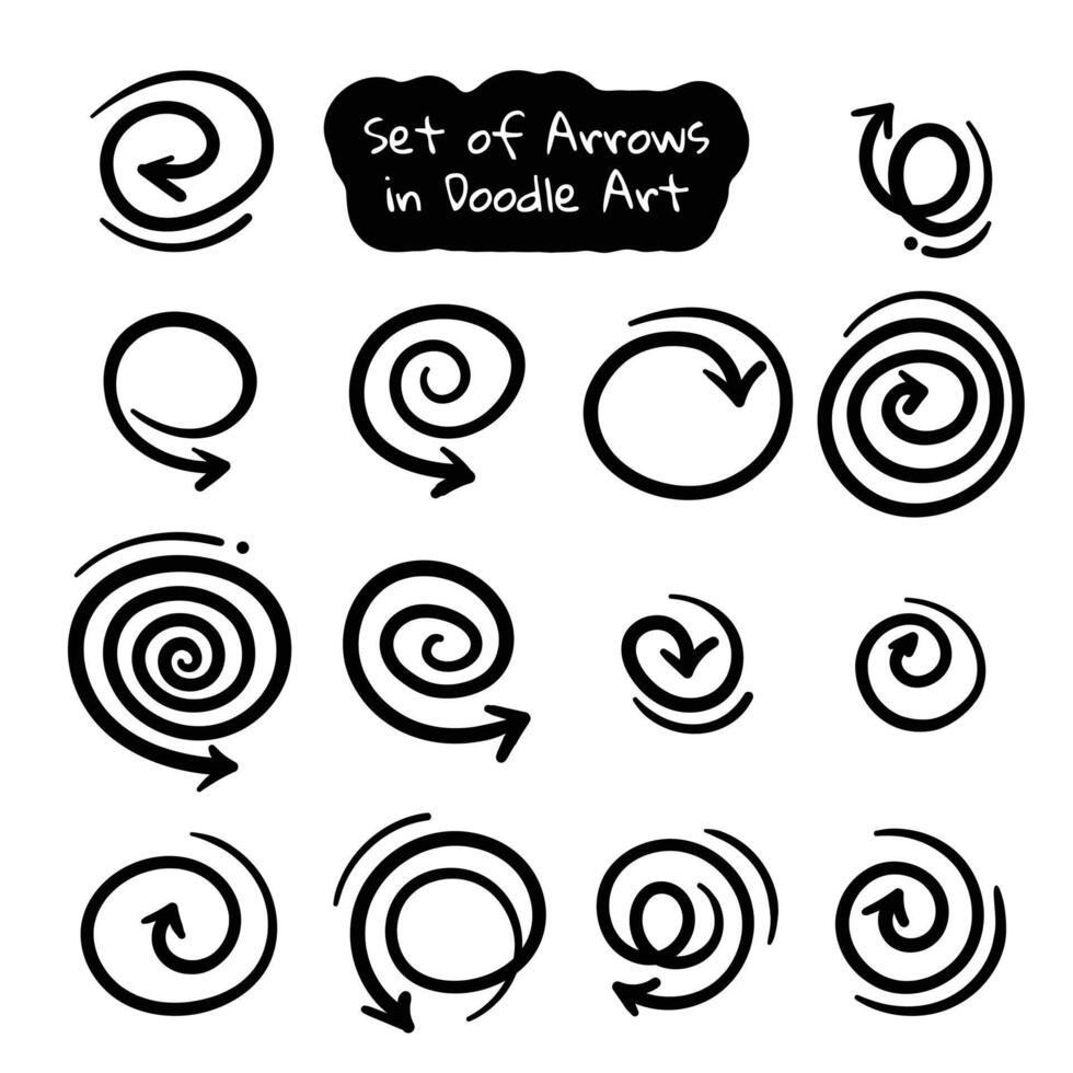 set of hand drawn rotating and swirl arrows in various simple round styles for poster or social media post design template vector
