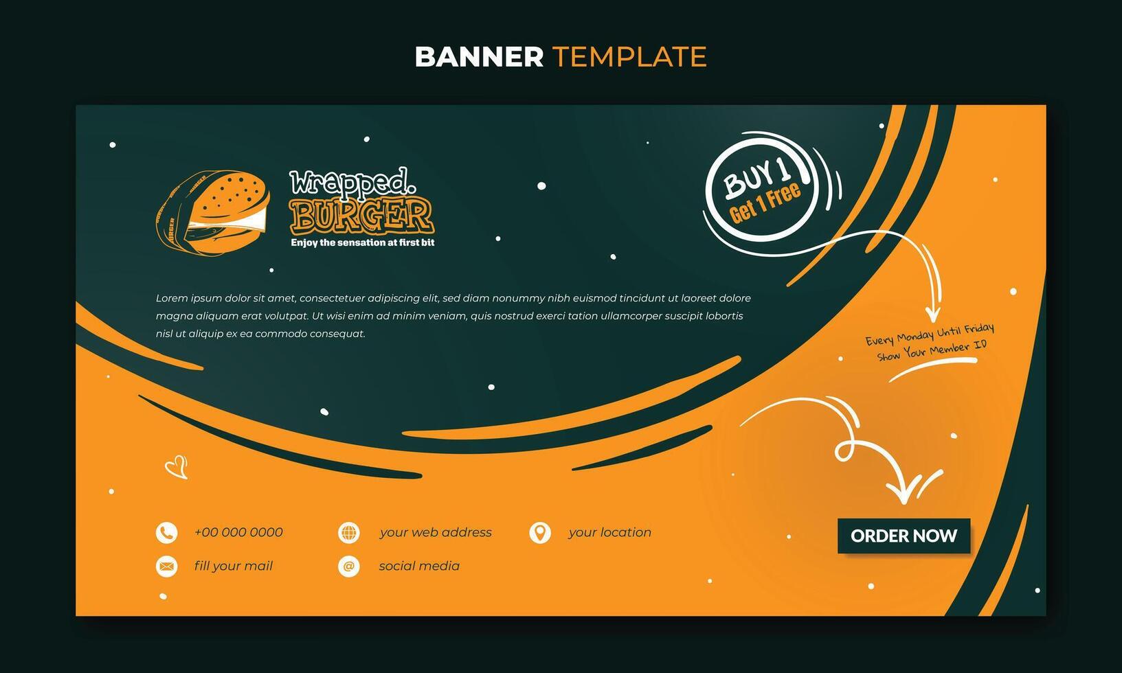 Banner template design in orange green background with waving abstract design. good template for burger food advertising or fast food design vector