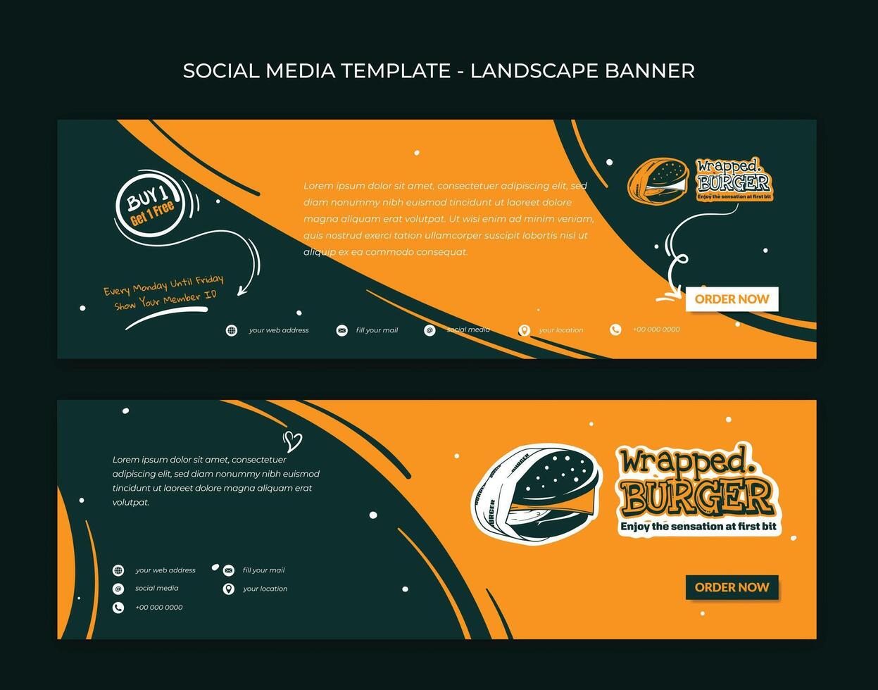 Landscape banner template in green orange background for fast food or street food advertisement design vector