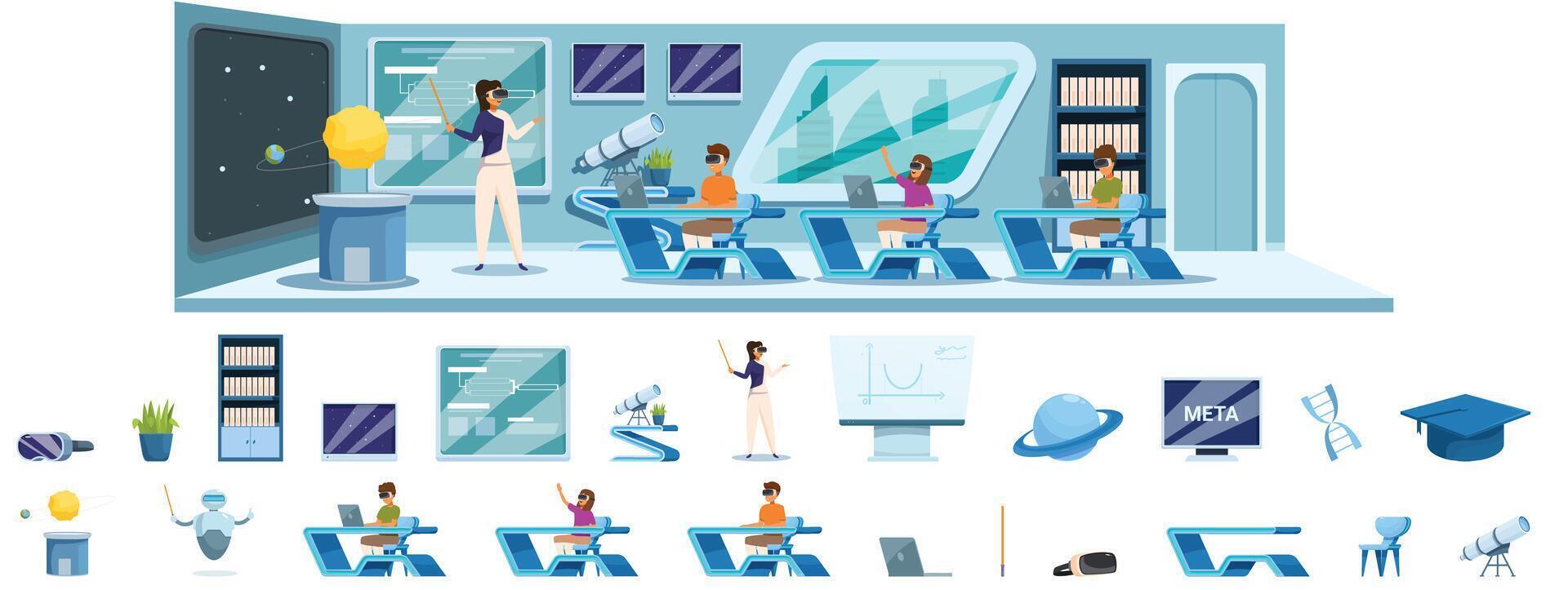 Futuristic school . A classroom scene with a teacher and students vector