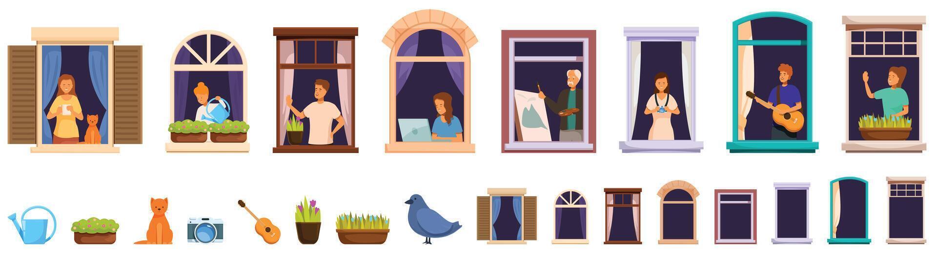 Window neighbor . A series of windows with people in them, some are playing instruments vector
