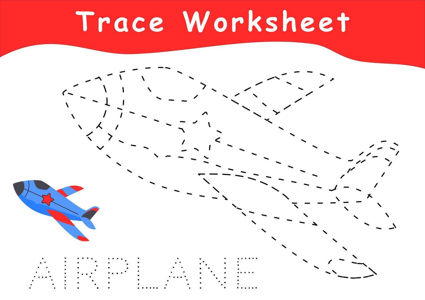 activity sheet for children. trace book for kids. Coloring and trace cartoon the airpla. Activity for preschool and school children. Black and white and colorful illustration. Education vector