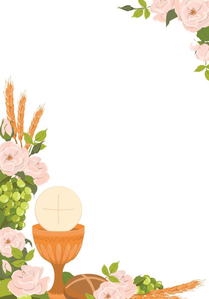Catholic First Communion. . Golden bowl for wine, bread, wine, grapes, white roses. Elements for beautiful invitation design. Festively decorated altar. vector