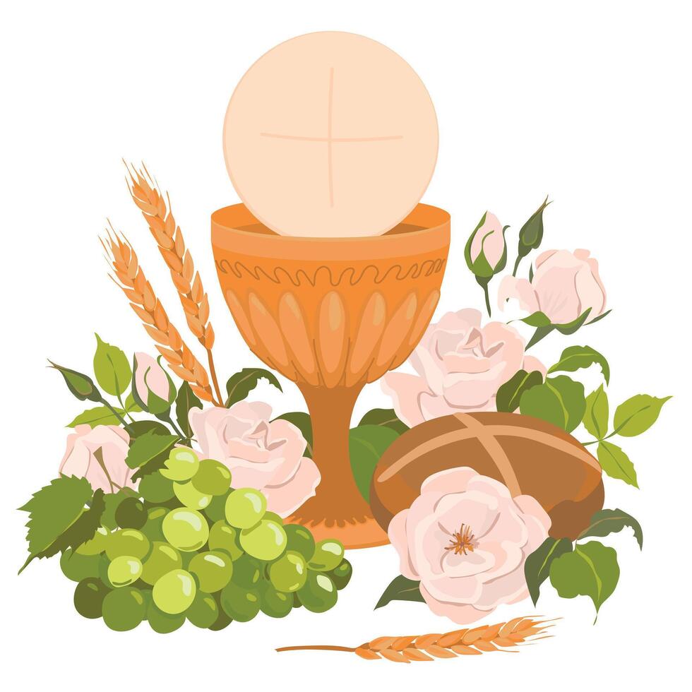 The First communion symbols. . Golden bowl for wine, bread, wine, grapes, white roses. Elements for beautiful invitation design. Festively decorated altar. vector