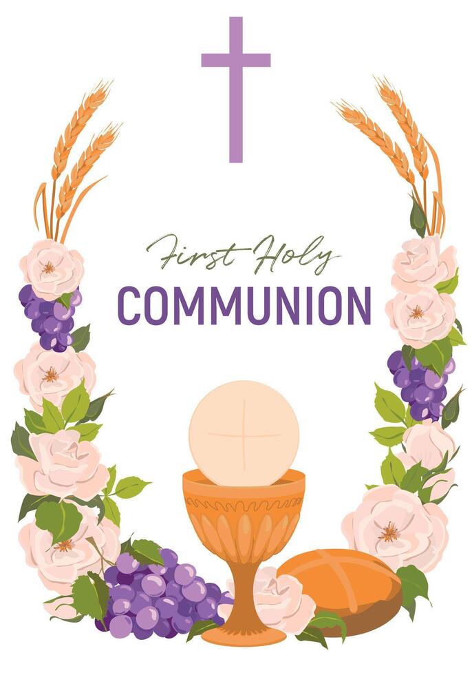 Symbols of the first communion. . Golden bowl for wine, crucifix, bread, wine, grapes, white roses. An invitation to celebrate the Eucharist. Festively decorated altar. vector