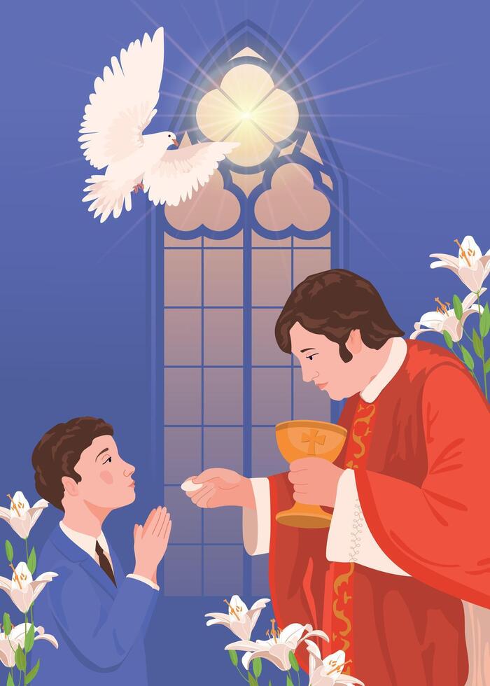 A boy in a suit during the first communion. A priest holds bread, a manifestation of the holy spirit in the form of a white radiant dove. Church member receiving the Eucharist vector