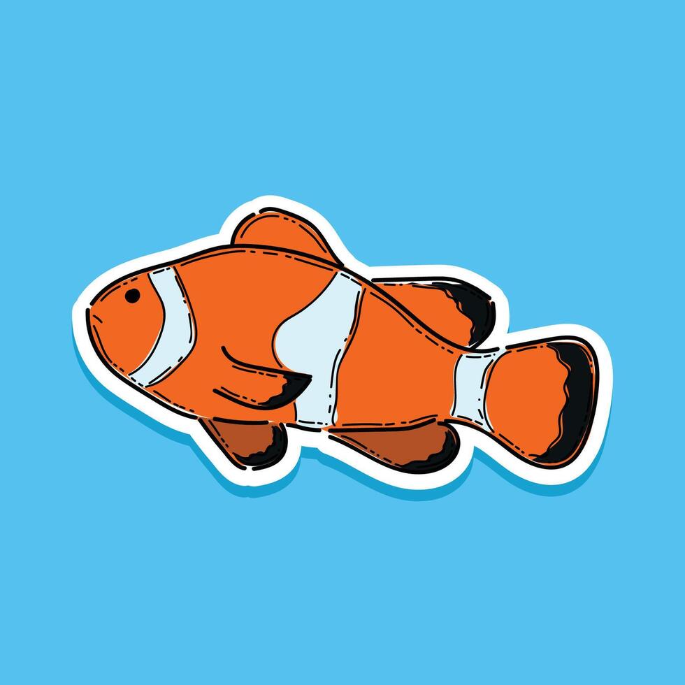 A line drawn illustration of a clownfish, shaded with lines. Illustration of a sea with a nemo fish. Isolated Cute Nemo Fish Cartoon Illustration Design isolated in a blue background vector