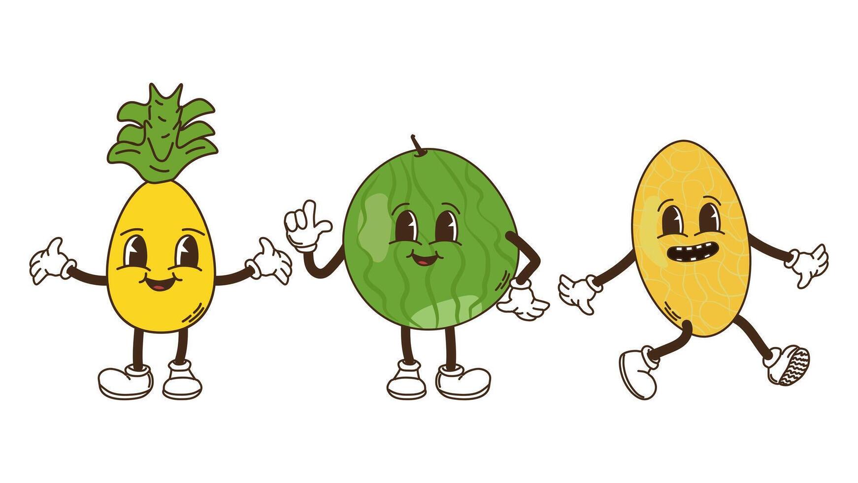 Fruits and berries in groovy style set. Pineapple watermelon and melon. Characters trendy retro, comic mascot. Design banner poster. Y2k Hippie 70s, 80s. illustration. vector