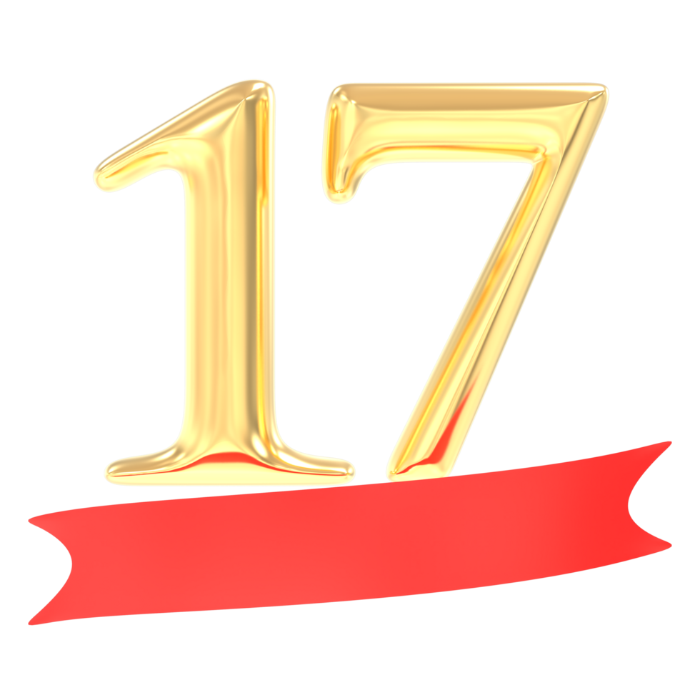 Anniversary 17 Number Gold And Red 3d Rendering png