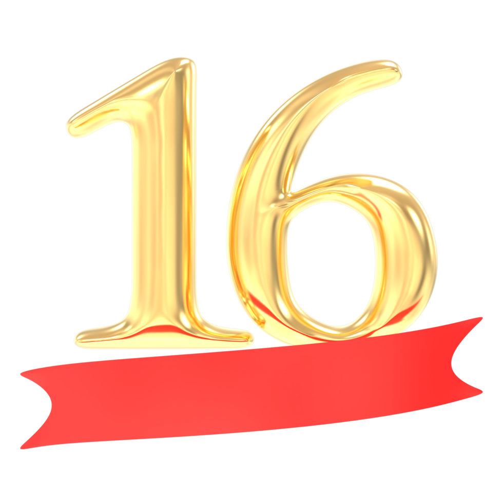 Anniversary 16 Number Gold And Red 3d Rendering png