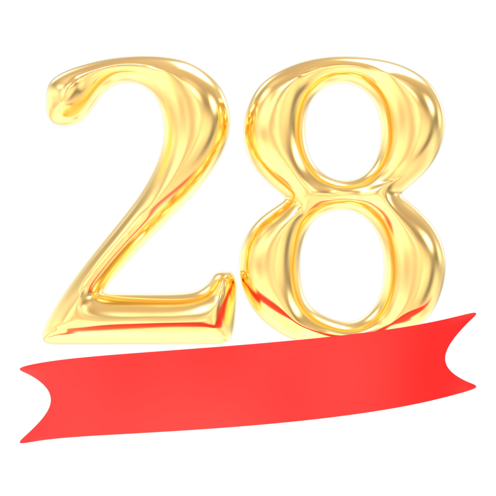 Anniversary 28 Number Gold And Red 3d Rendering png