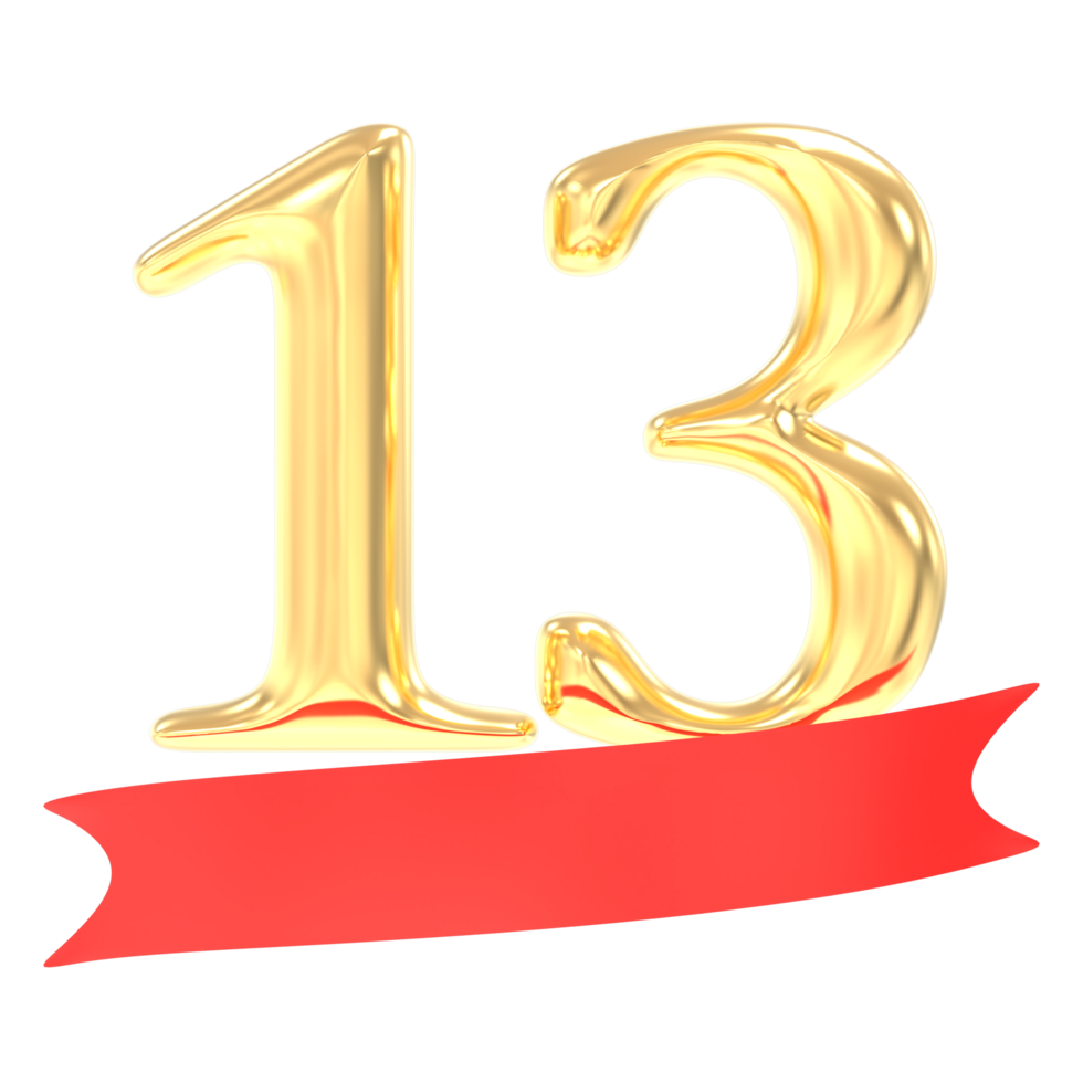 anniversary 13 number gold And Red 3d rendering png
