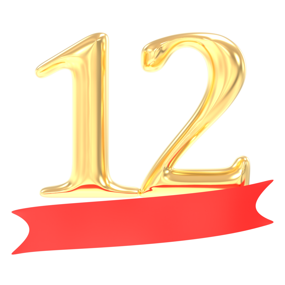 anniversary 12 number gold And Red 3d rendering png