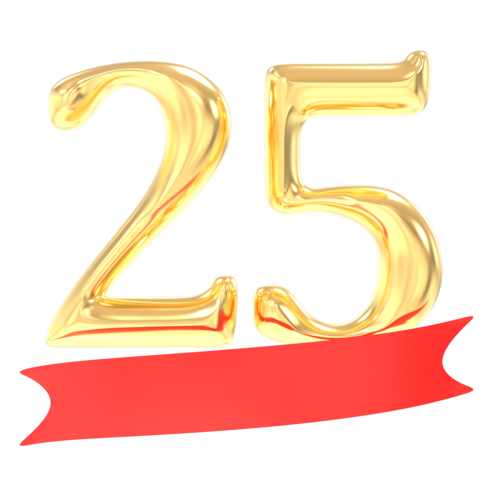 Anniversary 25 Number Gold And Red 3d Rendering png