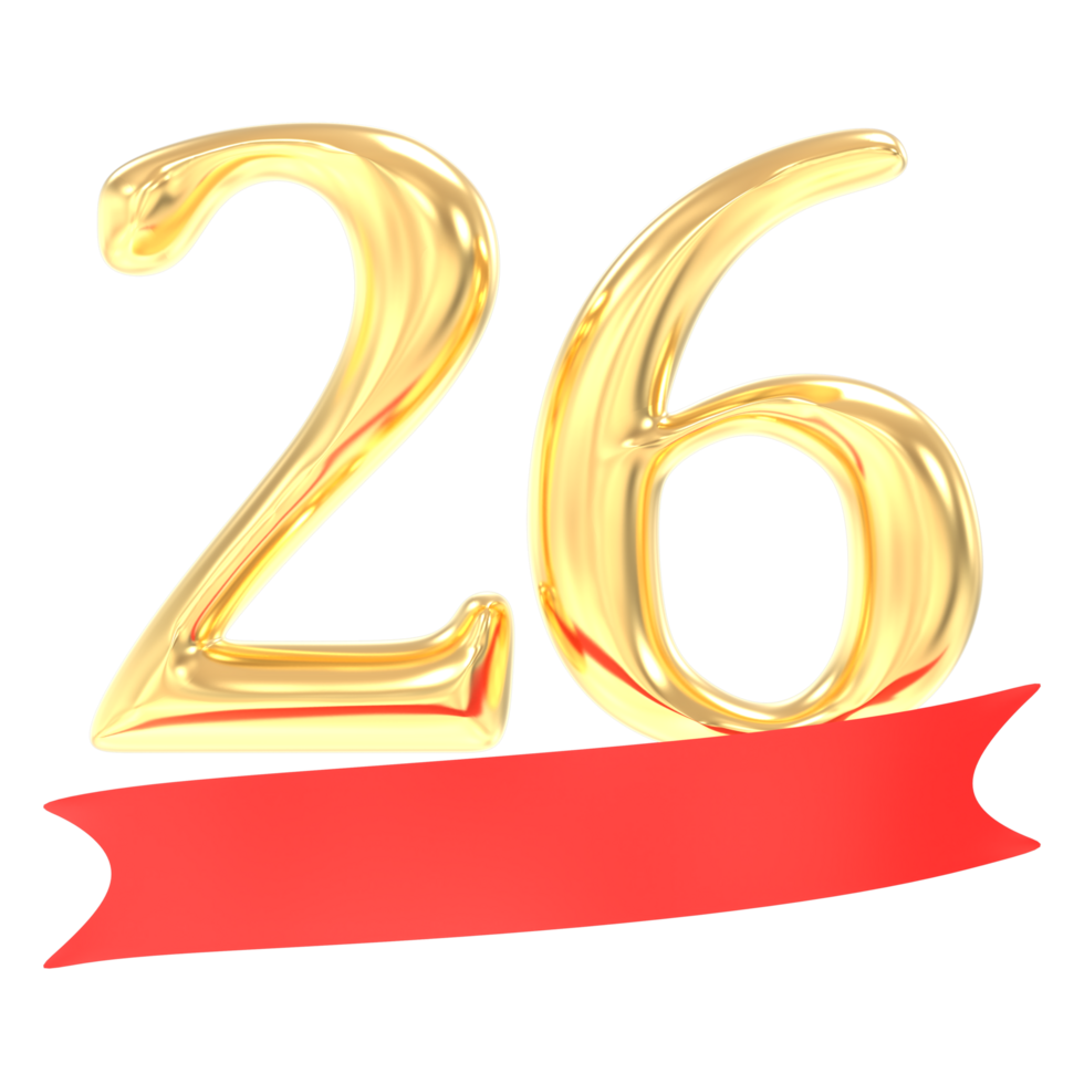 Anniversary 26 Number Gold And Red 3d Rendering png