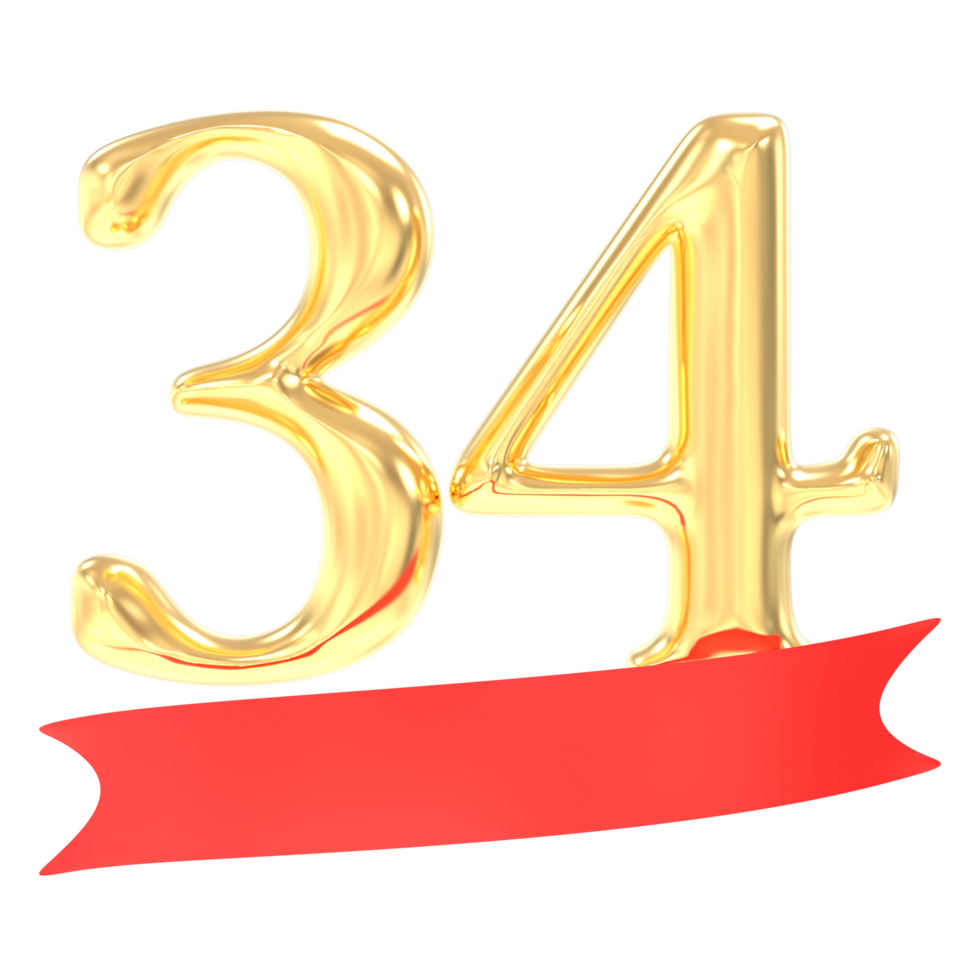 Anniversary 34 Number Gold And Red 3d Rendering png