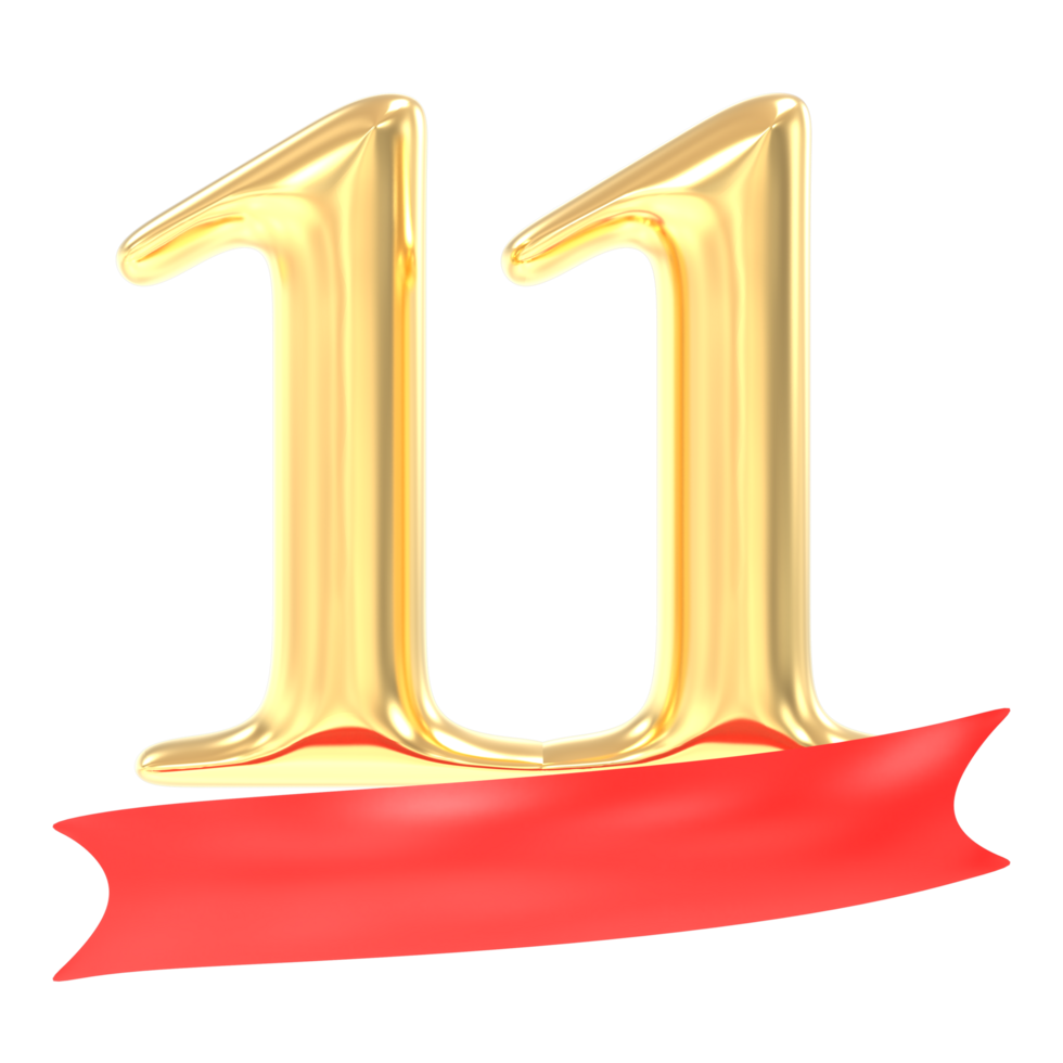 anniversary 11 number gold And Red 3d rendering png