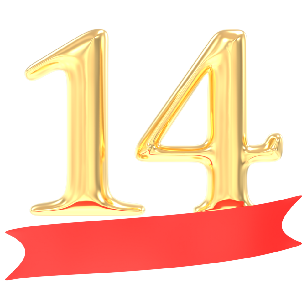 Anniversary 14 Number Gold And Red 3d Rendering png