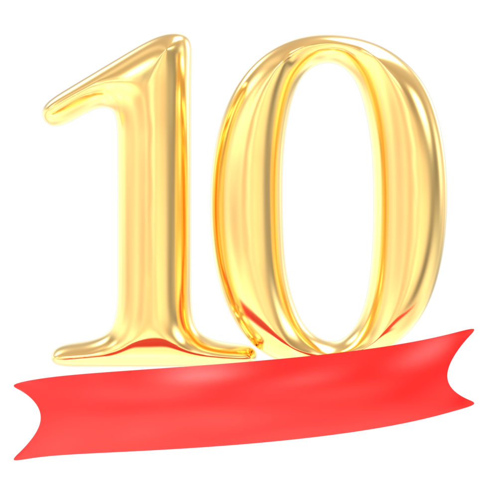 anniversary 10 number gold And Red 3d rendering png