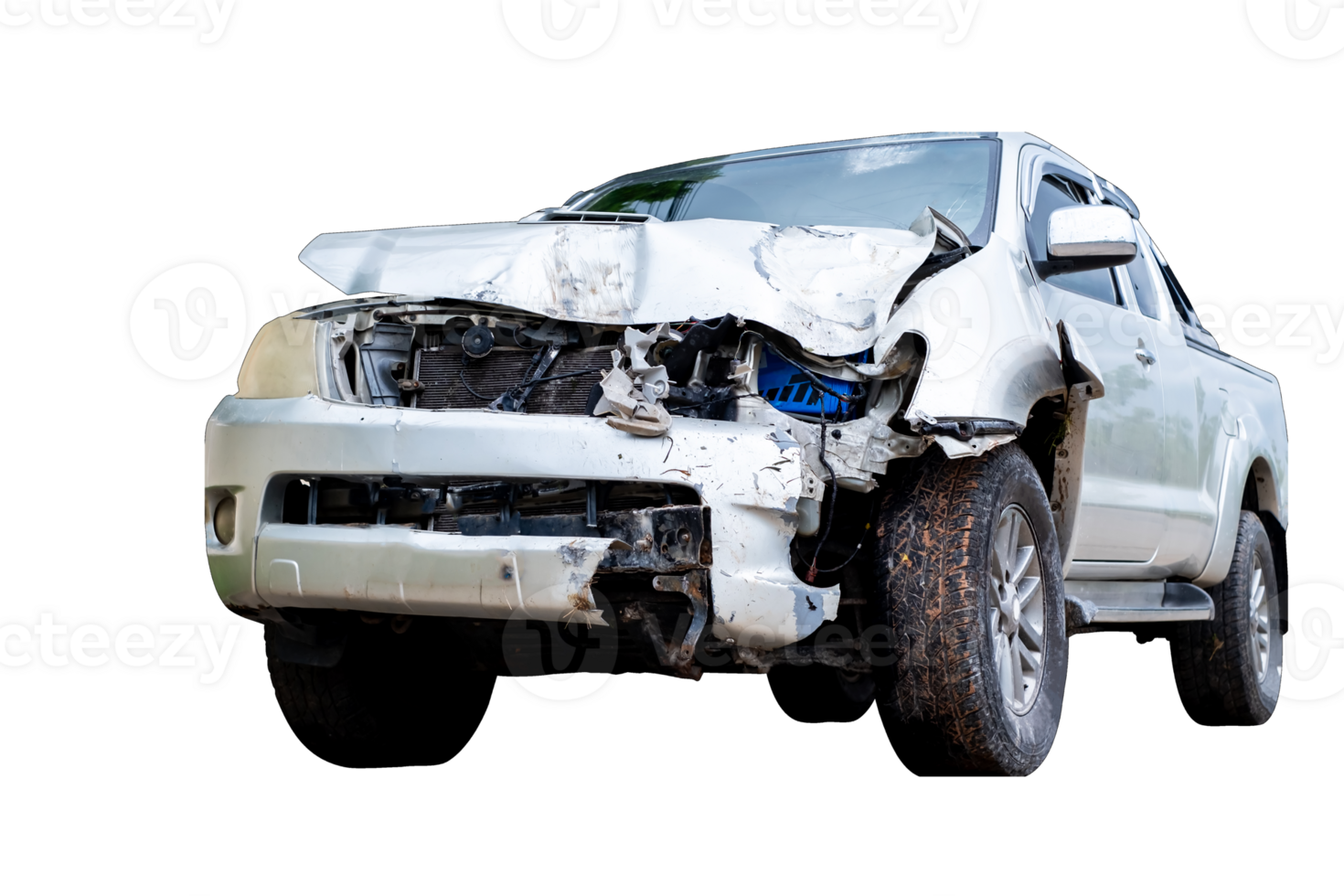 Front of gray or bronze pickup car get damaged by accident on the road. damaged cars after collision. isolated on transparent background, File png