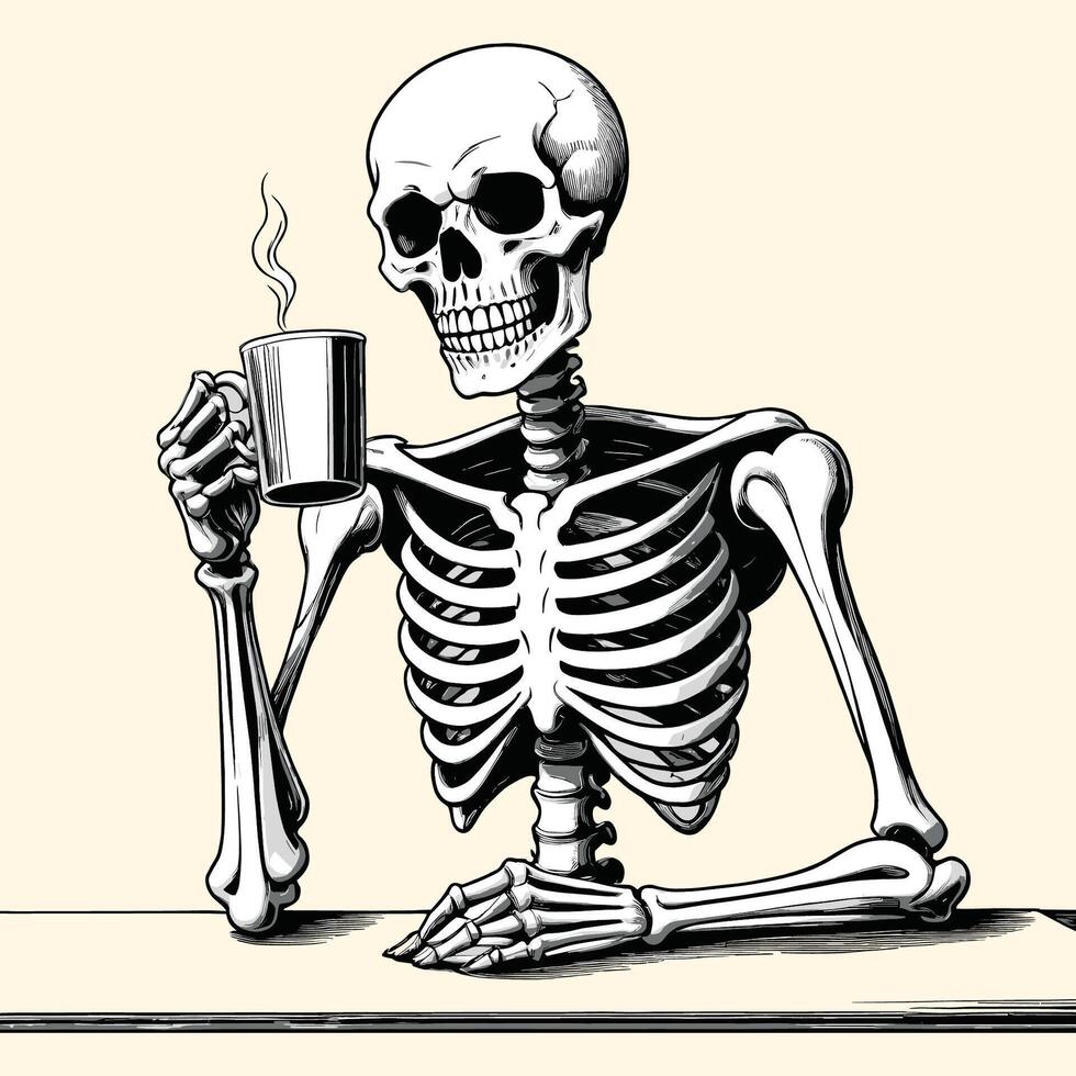 Skeleton Holding Coffee Mug Illustration Style vector
