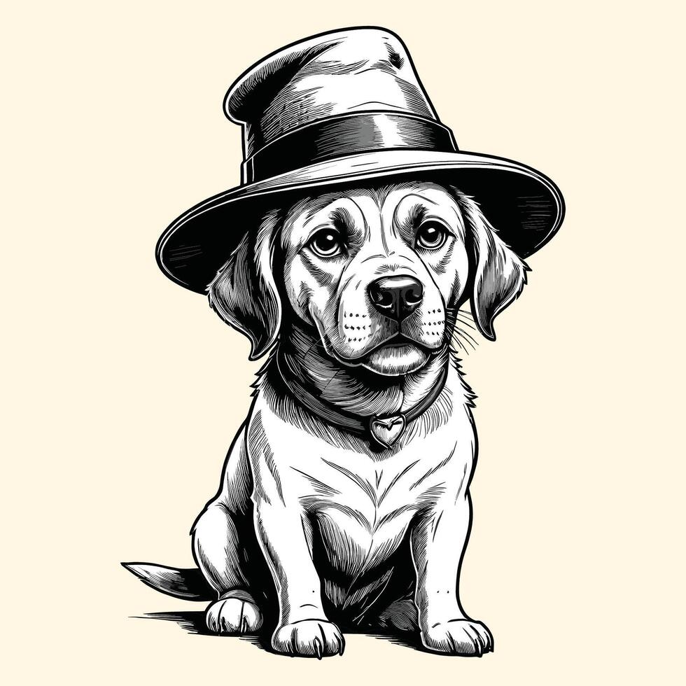 Cute Dog Wearing A Halloween Hat Engraved Style Illustration vector