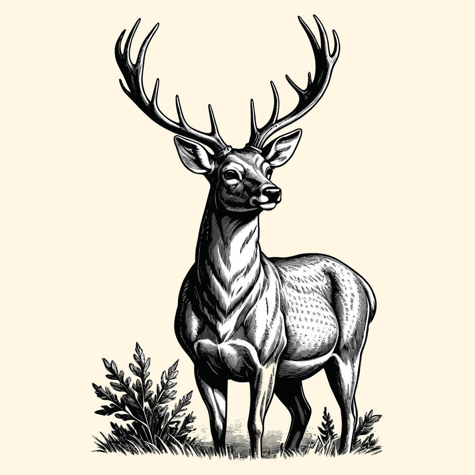 Reindeer Standing Illustration In Engraved Vintage Style vector