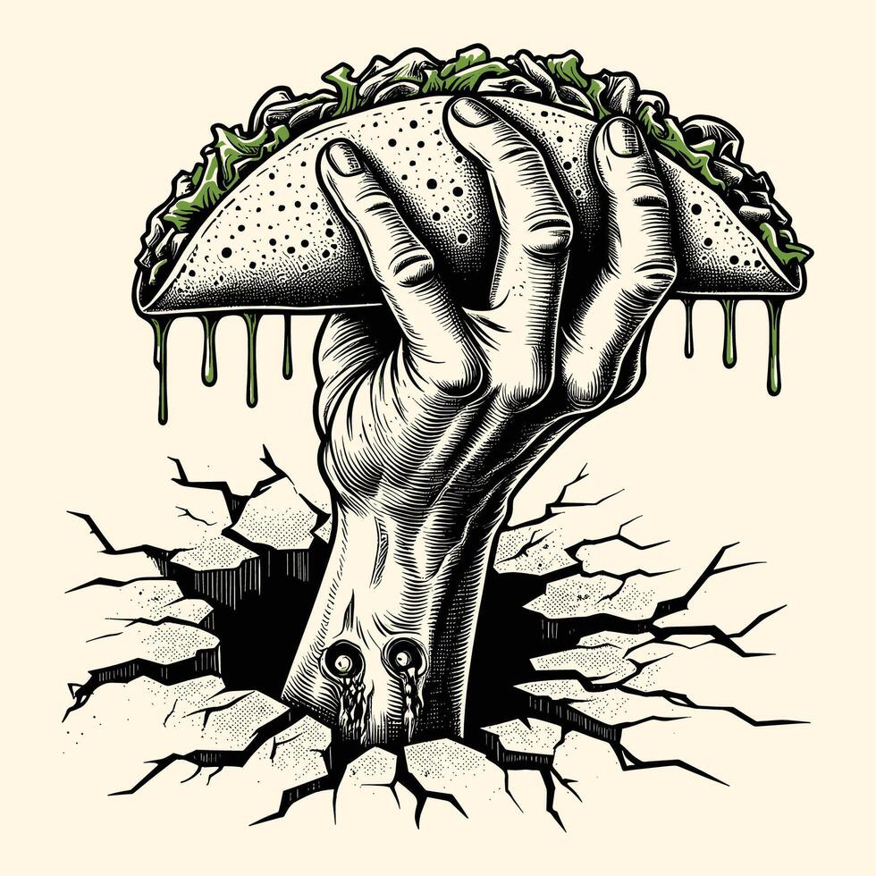 A Zombie Hand Holding A Tacos Vintage Engraved Style vector