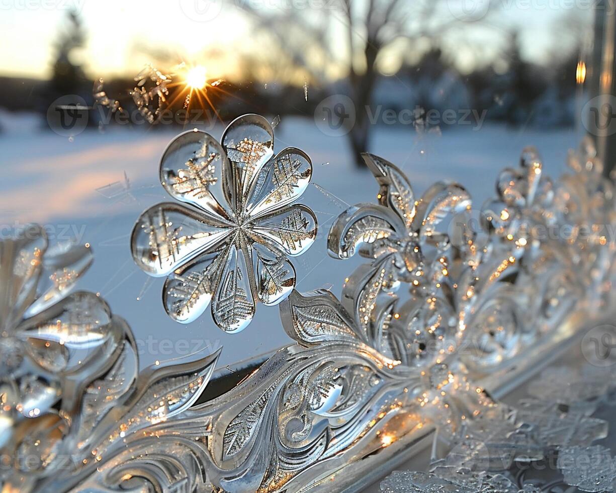 Close-up of intricate ice patterns on a window photo