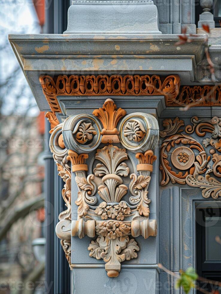 Close-up of intricate architectural details on a historic facade photo