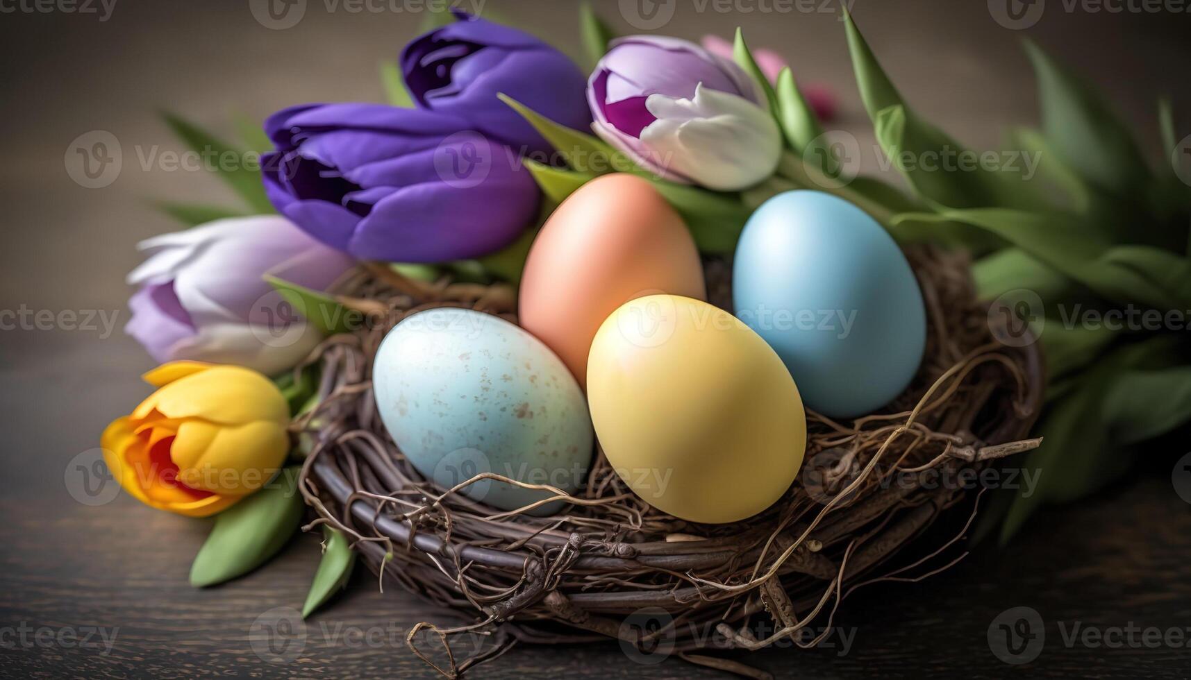 Greeting card for Easter holidays with colored pastel easter eggs in bird nest and colorful tulips around on wooden table. Spring season. photo
