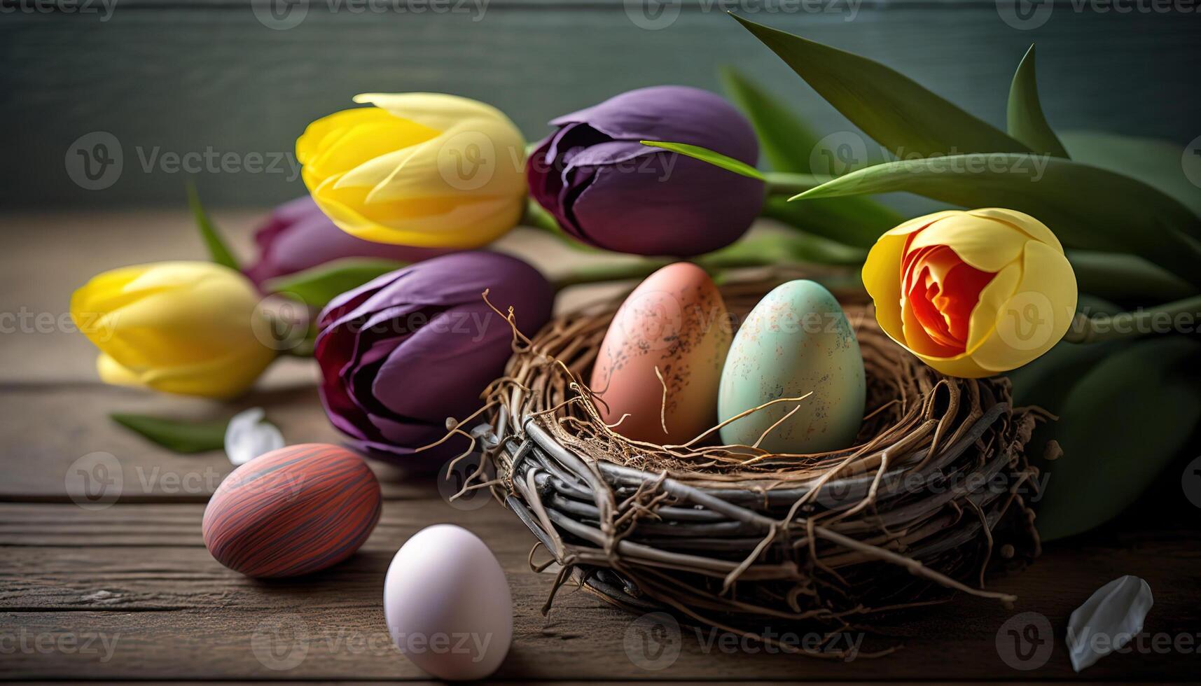 Colorful easter eggs in bird nest with colorful tulips on wooden table. Greeting card for Easter holidays. Spring time. photo