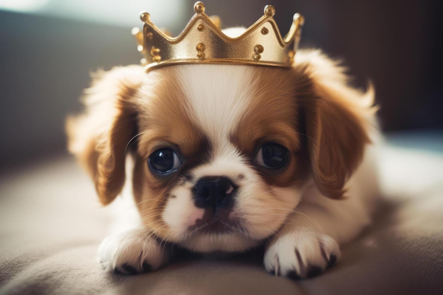 Portrait of little cute fluffy puppy wearing golden crown on her head, laying on the bed. Fashion beauty for pets. Royal pleasure. photo