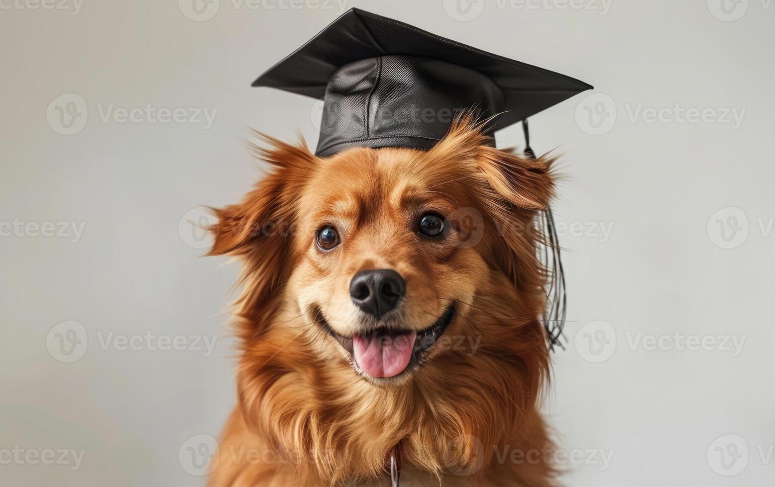 Portrait of red-orange fluffy dog wearing black graduation cap on beige background with copy space. Graduation ceremony, college, university, education concept. photo
