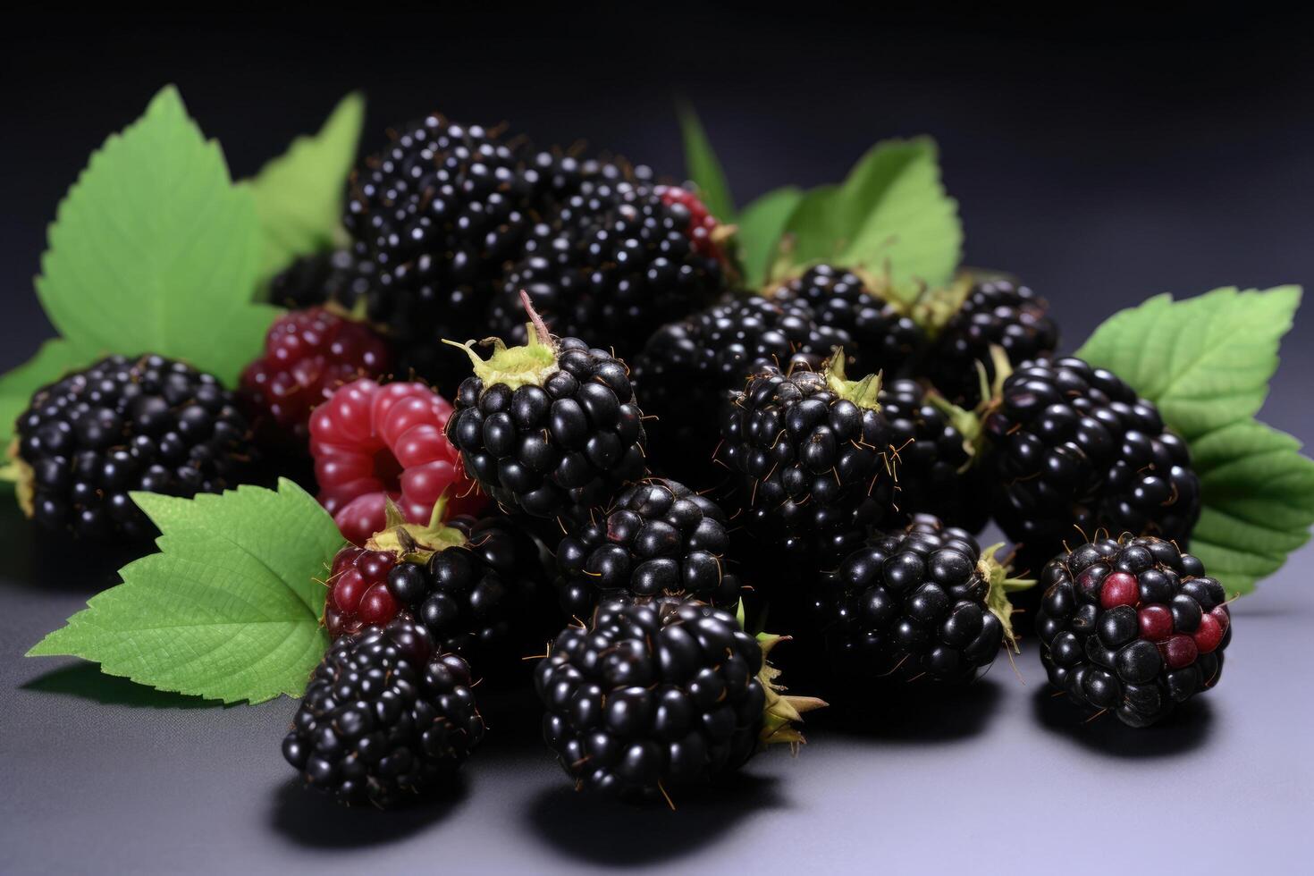 Small pile of ripe fresh blackberries with blackberry leaf on dark gray background. Organic farm food, natural forest berries, fresh market, healthy products. photo