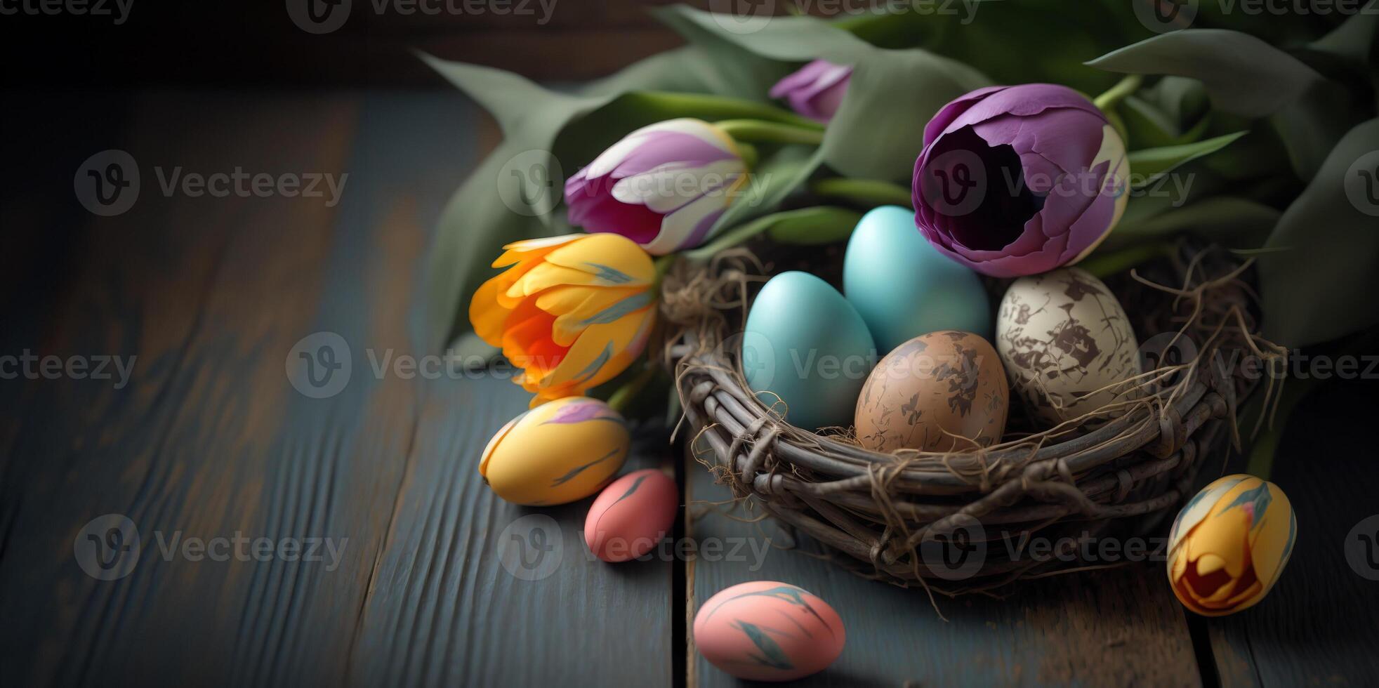 Banner with colorful easter eggs in bird nest and colorful tulips on wooden table, place for text on the left. Greeting card for Easter holidays. Spring time. photo