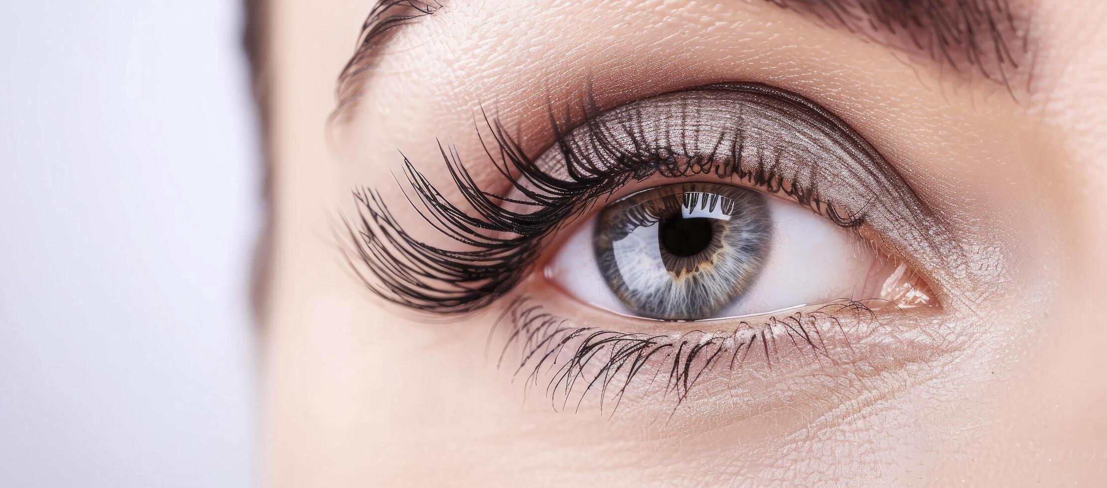 Close up of a beautiful womans eye with long eyelashes, white background. photo