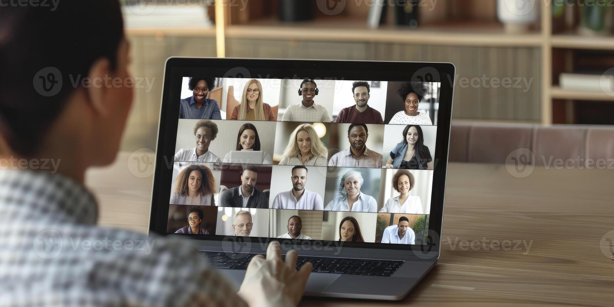 a person is sitting at their laptop, with multiple people on the screen having an online meeting or conference call photo