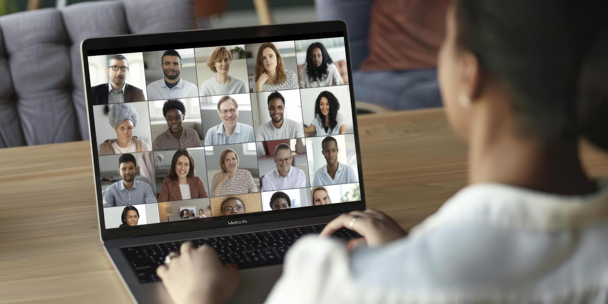 a person is sitting at their laptop, with multiple people on the screen having an online meeting or conference call photo