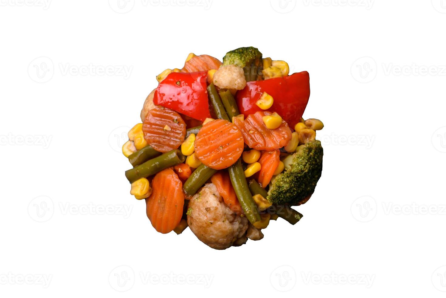 Delicious healthy vegetables steamed carrots, broccoli, asparagus beans and peppers photo