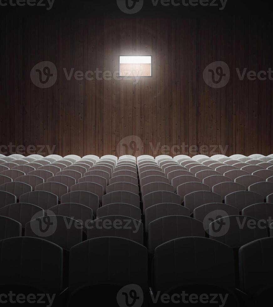 Empty old theater with rows of seats and projector light.3d rendering photo
