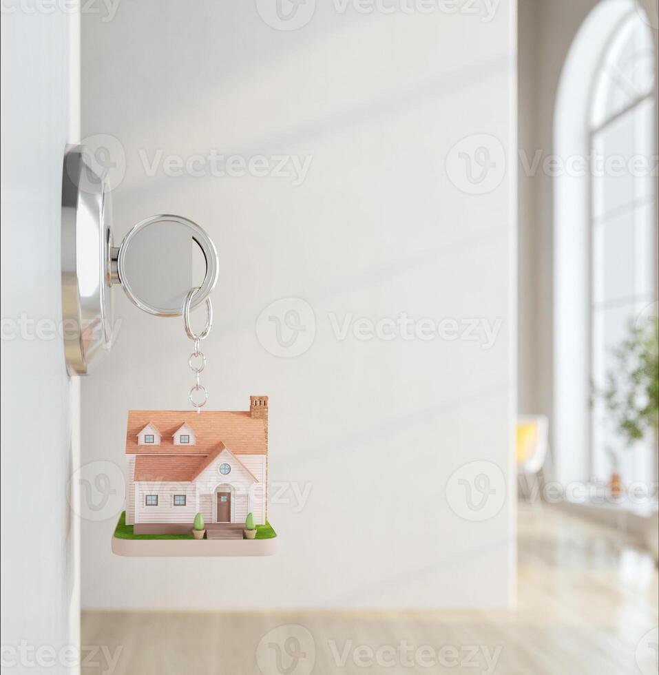 House key in house door with white wall room background.Concept for real estate,property,agent.3d rendering photo