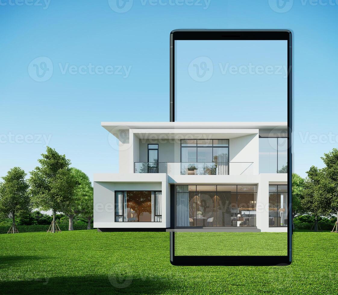 Modern house in mobile phone display.Concept for real estate house property advertisement.3d rendering photo