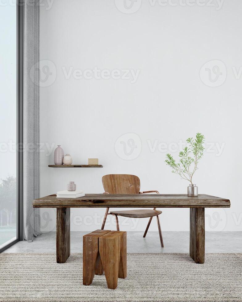 Working room with wooden table chair and stool.White concrete wall background.3d rendering photo