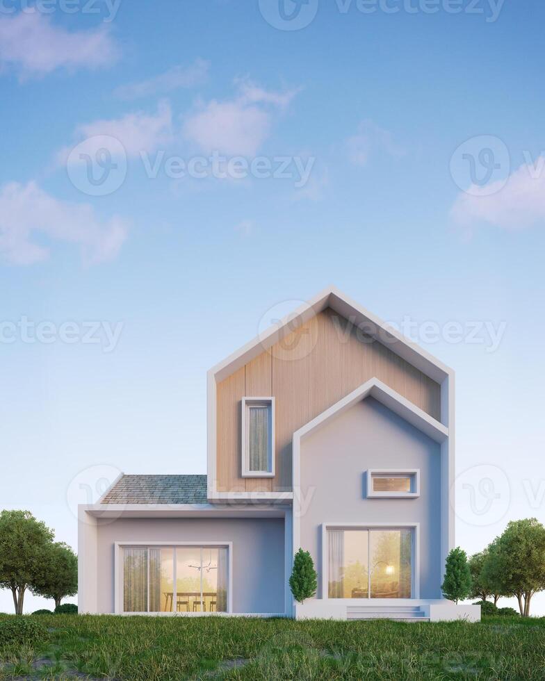 Nordic house exterior on the grassy knoll with copy space and blue sky.3d rendering photo